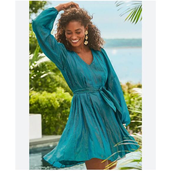 LILLY PULITZER KALIANNA DRESS VALENCIA TEAL/METALLIC SZ S FLOWY SOPHISTICATED - Picture 16 of 16